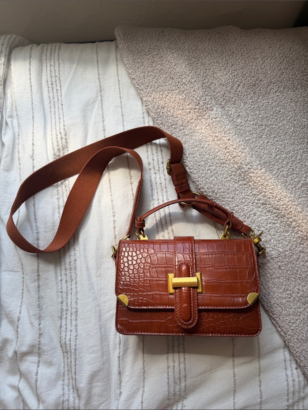 Structured Croc-Embossed Leather Crossbody Bag in Brown